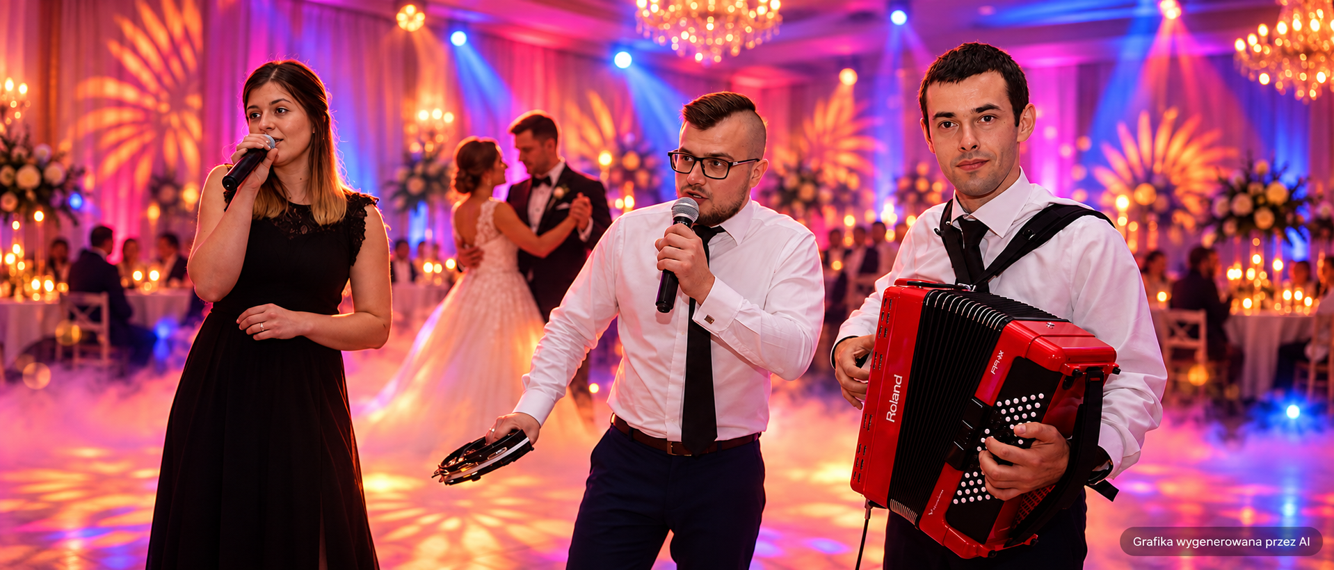 Klaudia, wokalista i akordeonista VenusJunior podczas tanecznej zabawy weselnej